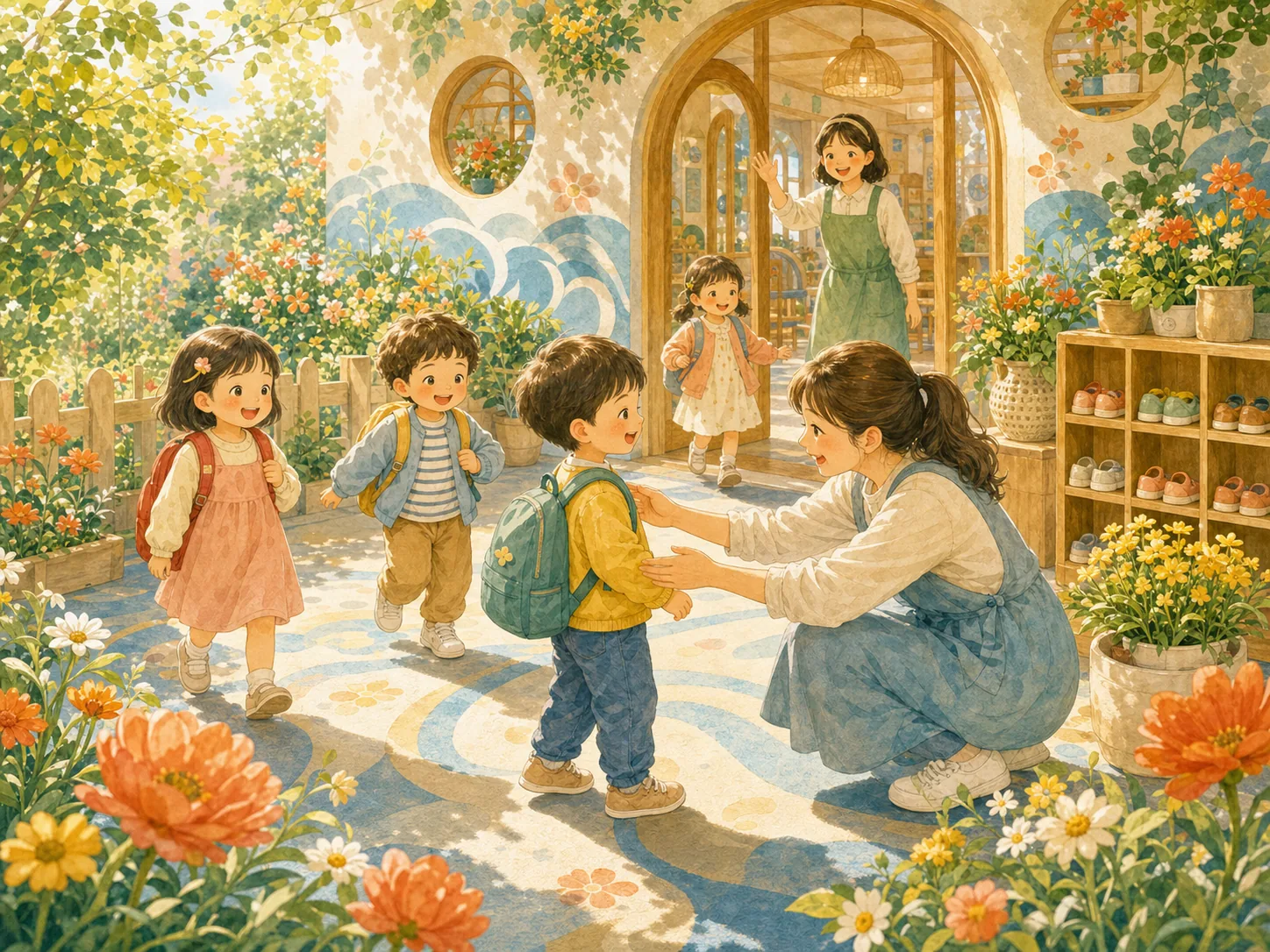 孩子晨间入园的绘本插图