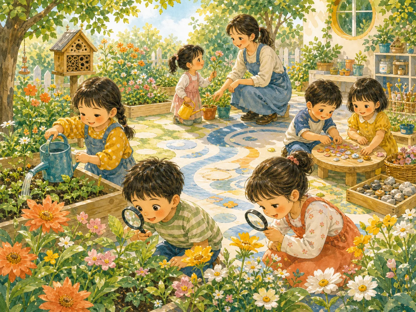 孩子在花园探索的绘本插图